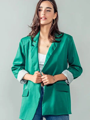 Stella Open Front Long Blazer in Green