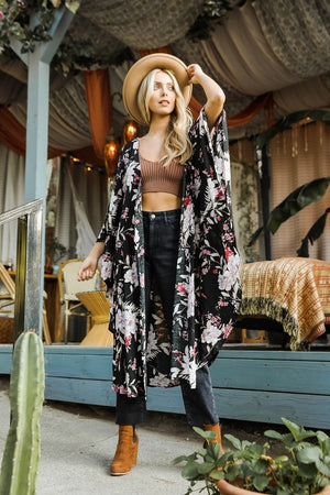 Flowing Floral Kimono With Butterfly Sleeves in Black