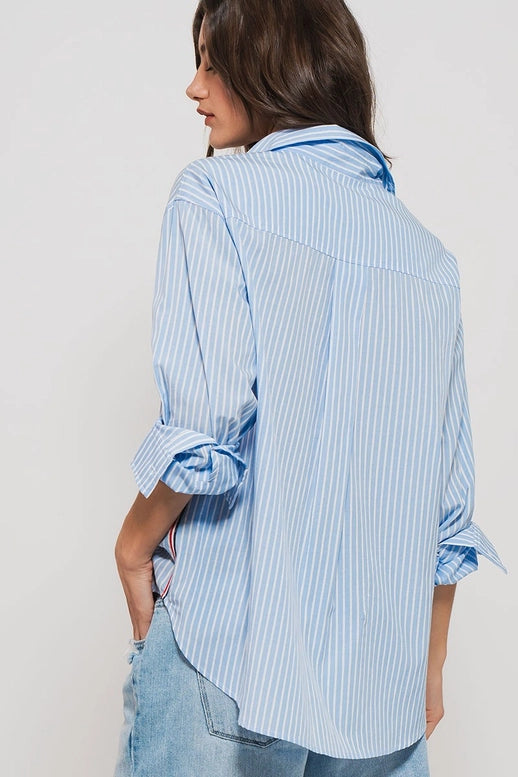 Rachel Striped Twill Detail Button Down Top