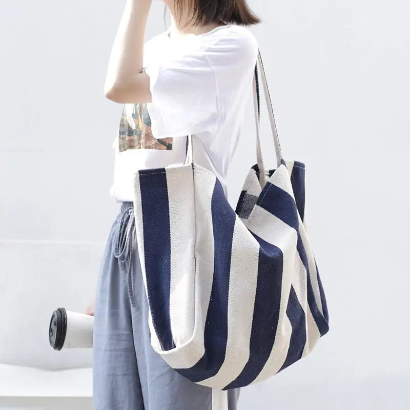 Organic Striped Tote Bag in Navy, Red or Tan