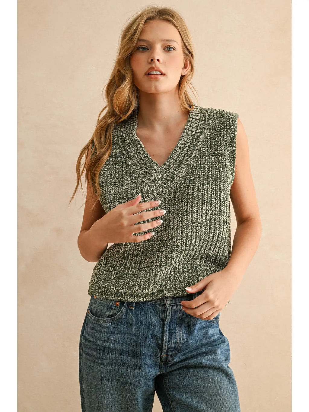 Two Tone Chenille Vest in Olive and White by Miou Muse