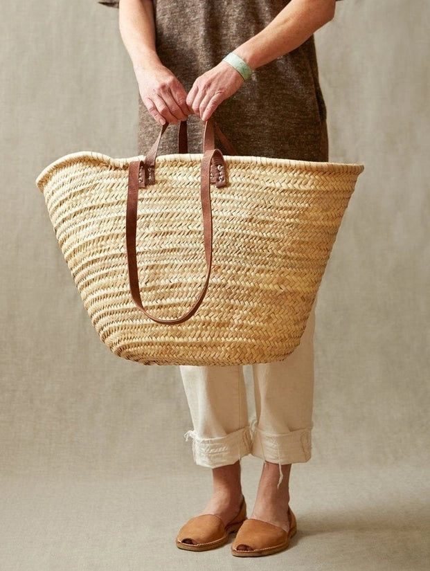 Handmade French Market Straw Bag With Leather Handles