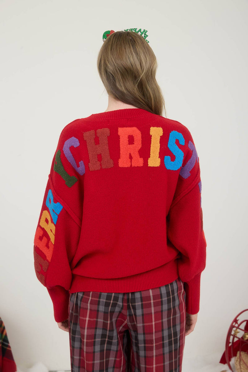 Merry Christmas Varsity Letter Detail Sweater