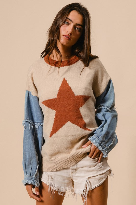 Lisa Star Printed Sweater Top With Denim Sleeves