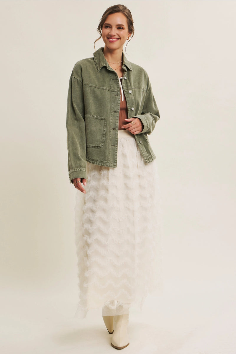 Washed Cotton Twill Oversized Jacket in Olive