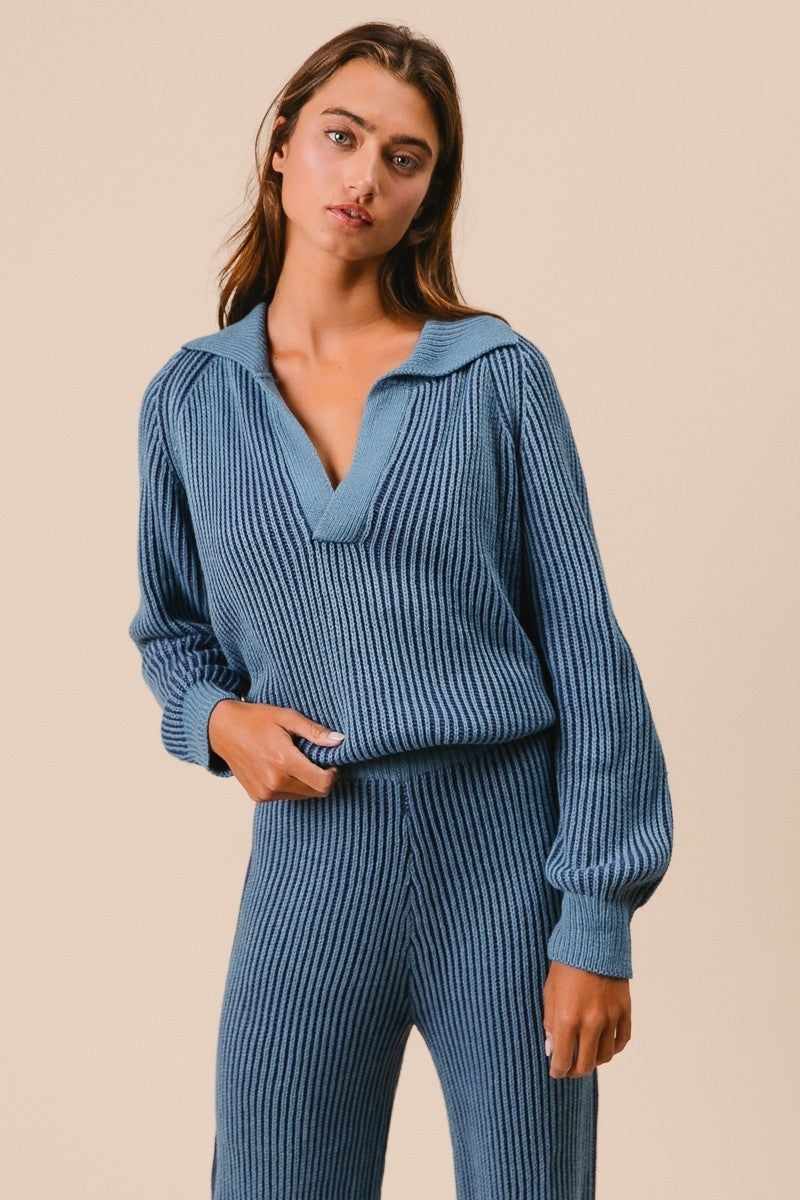Hazel Two Tone Ribbed Collared Sweater and Pant Set in Denim/Navy