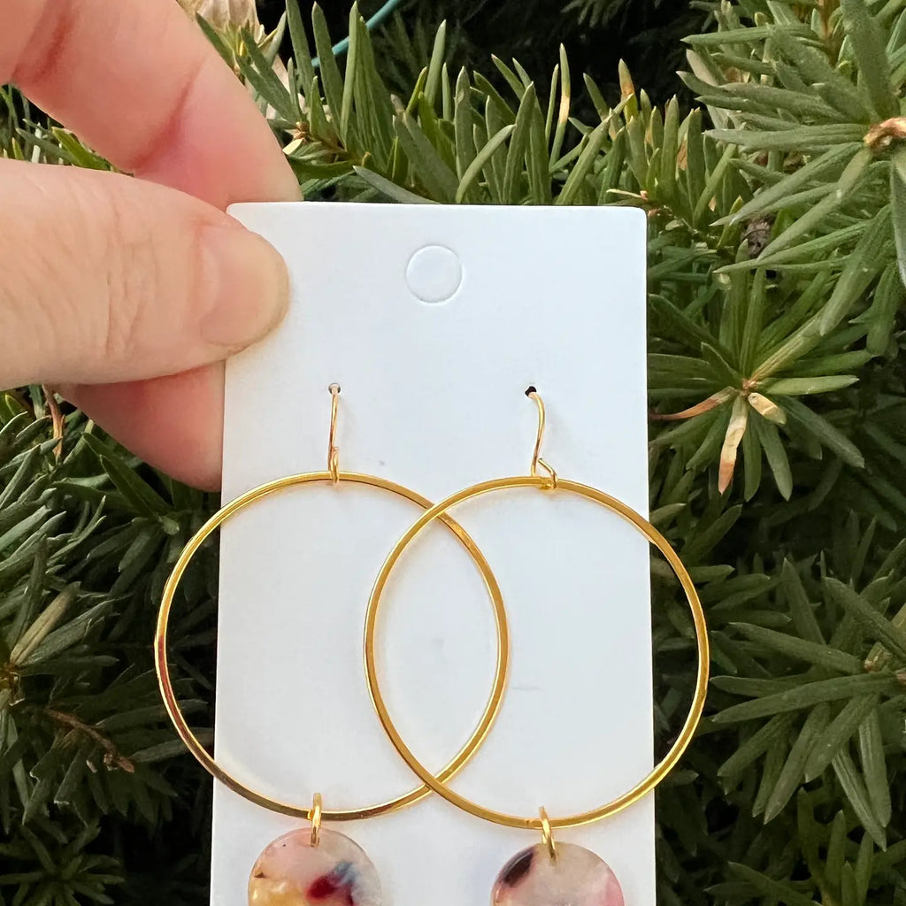 Gold Metal Handmade Hoop Earrings With Multi Color Acrylic Disc