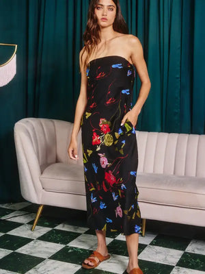 Open Back Floral Silky Strapless Midi Dress by Bucketlist