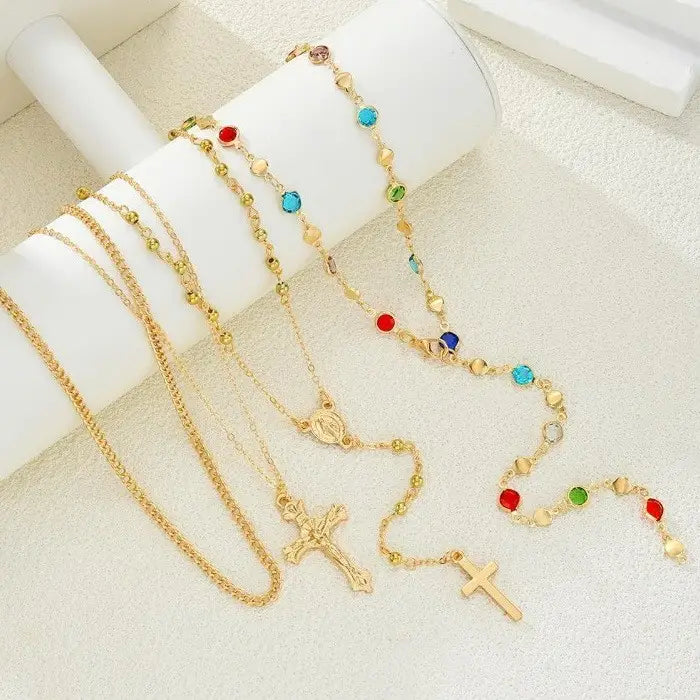 Boho Multi Stone Cross Lariat Layered Necklaces
