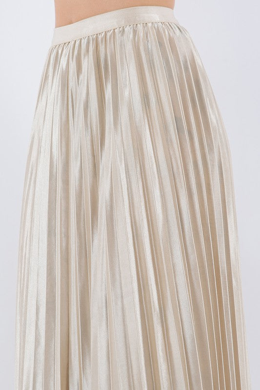 Reversible Satin Pleated 3D Posy Tulle Midi Skirt in Beige