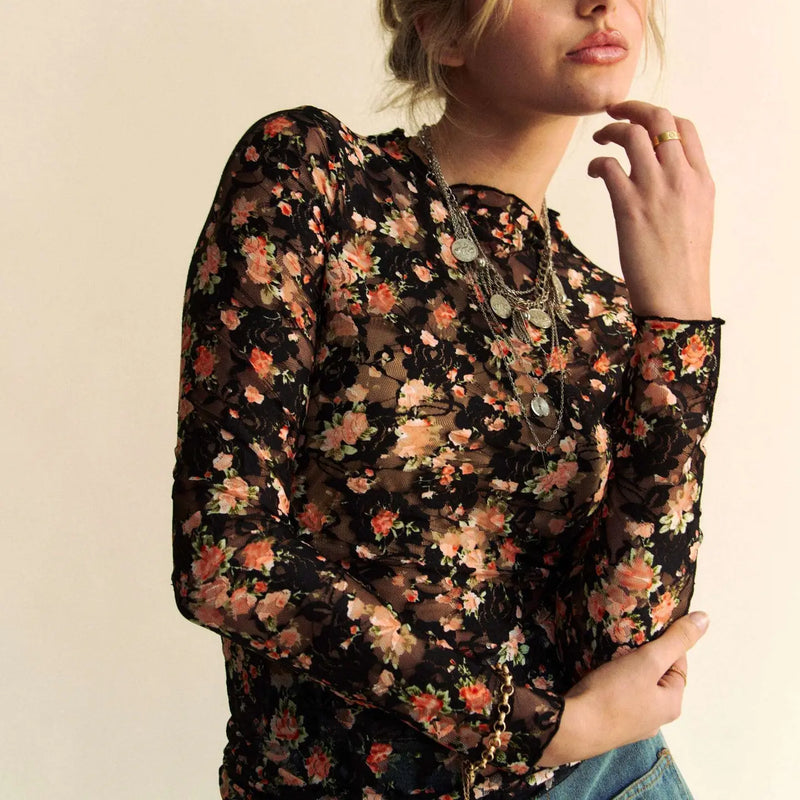 Gloria Floral Print Mesh Top in Plus Sizes