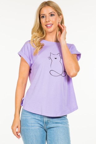 Cat Contour Print T-Shirt in Purple