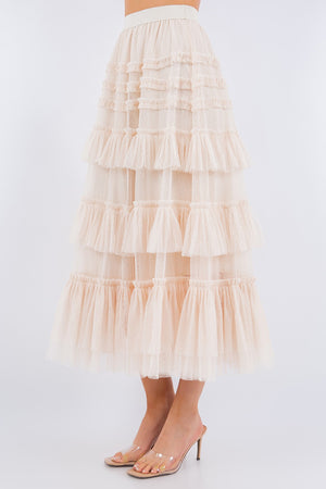 Gypsy Ruffled Tiered Mini Dot Tulle Midi Skirt