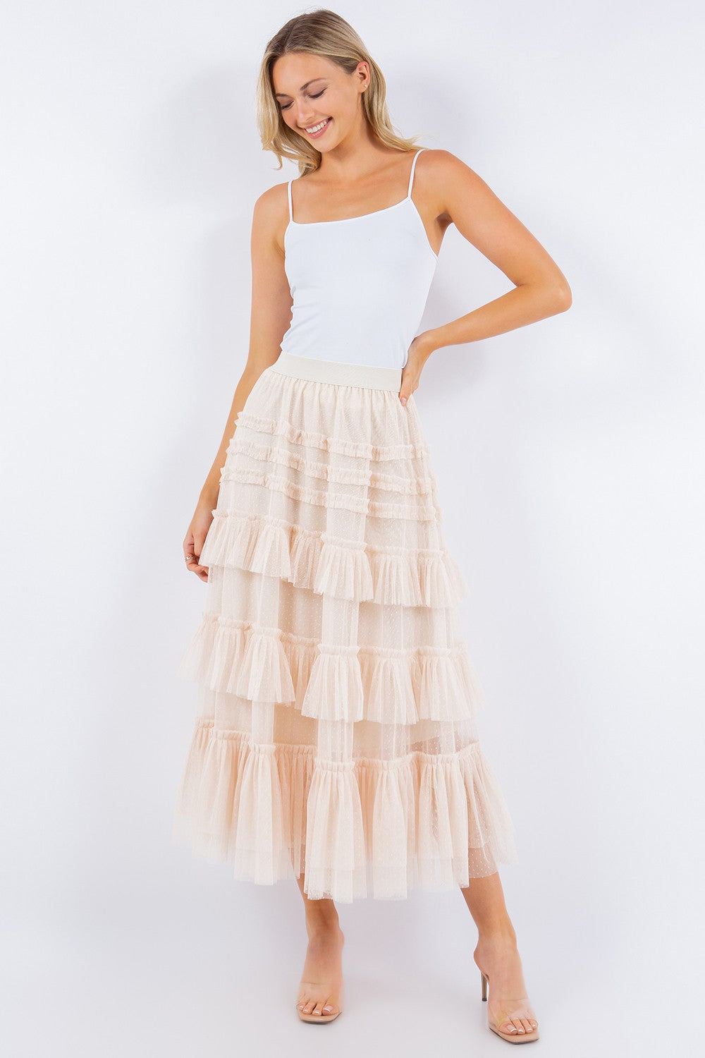 Gypsy Ruffled Tiered Mini Dot Tulle Midi Skirt