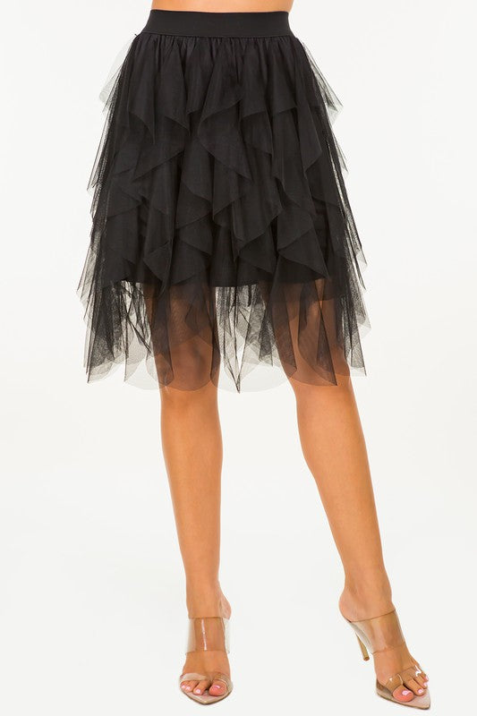 Ruffled Asymmetrical Tulle Mini Skirt in Black