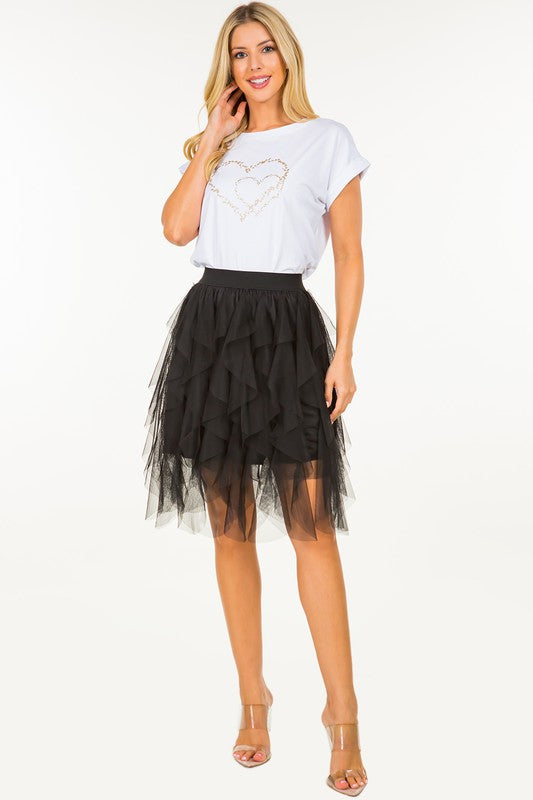 Ruffled Asymmetrical Tulle Mini Skirt in Black