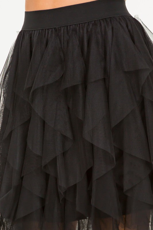 Ruffled Asymmetrical Tulle Mini Skirt in Black