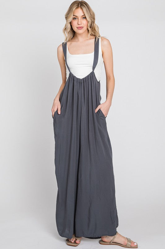 Mindy Washed Woven Suspender Style Jumpsuit in Charcoal