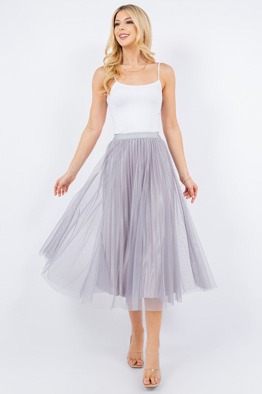 Reversible Satin Pleated Tulle Skirt in Silver1