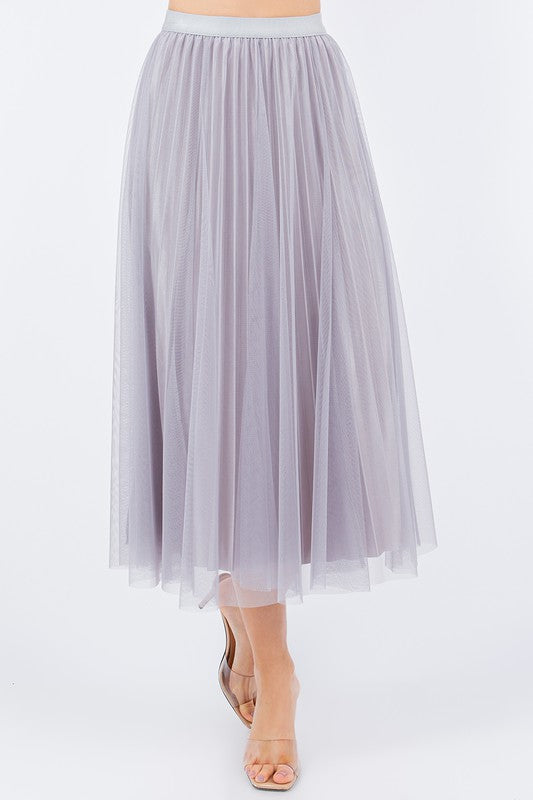 Reversible Satin Pleated Tulle Skirt in Silver
