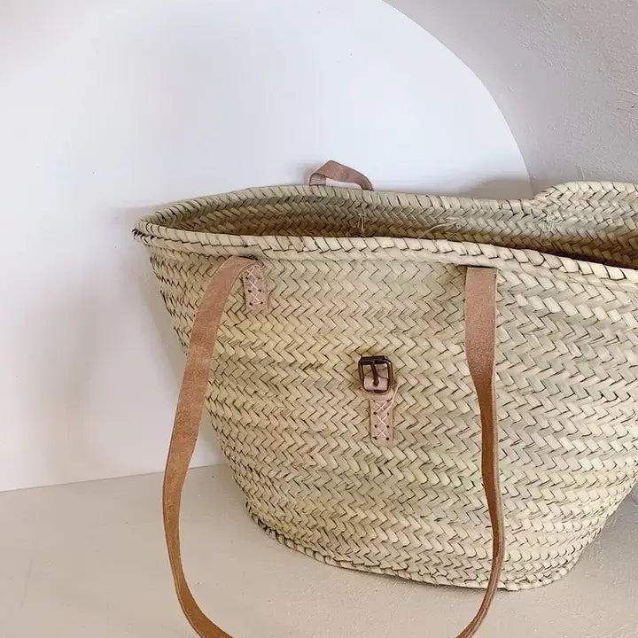 Handmade Moroccan Straw Basket Bag with Leather Straps