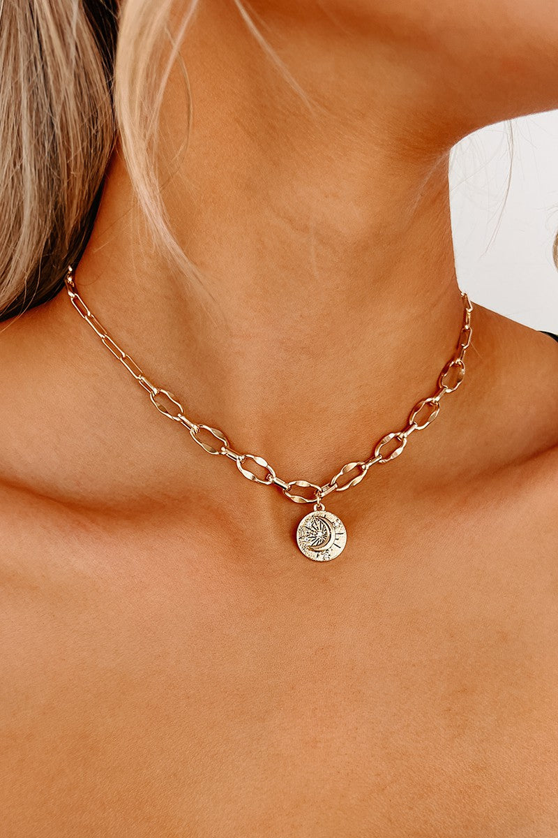 Gold Paperclip Chain Necklace With Moon Charm