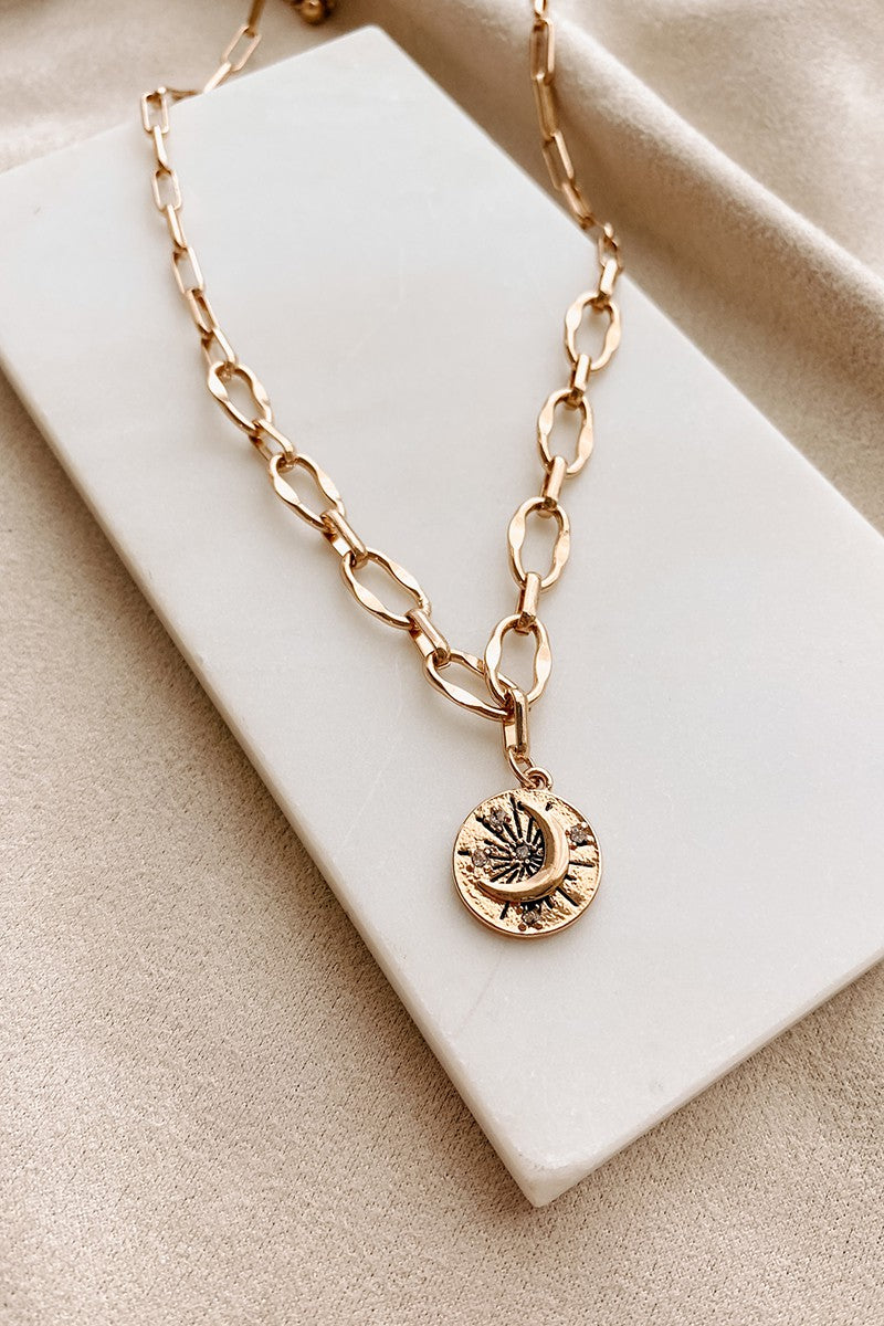 Gold Paperclip Chain Necklace With Moon Charm
