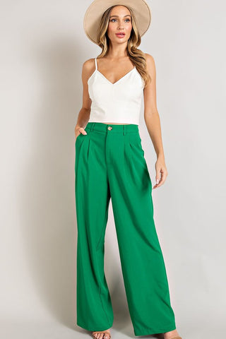 Basil Green Belted and Pleated Midi Skirt