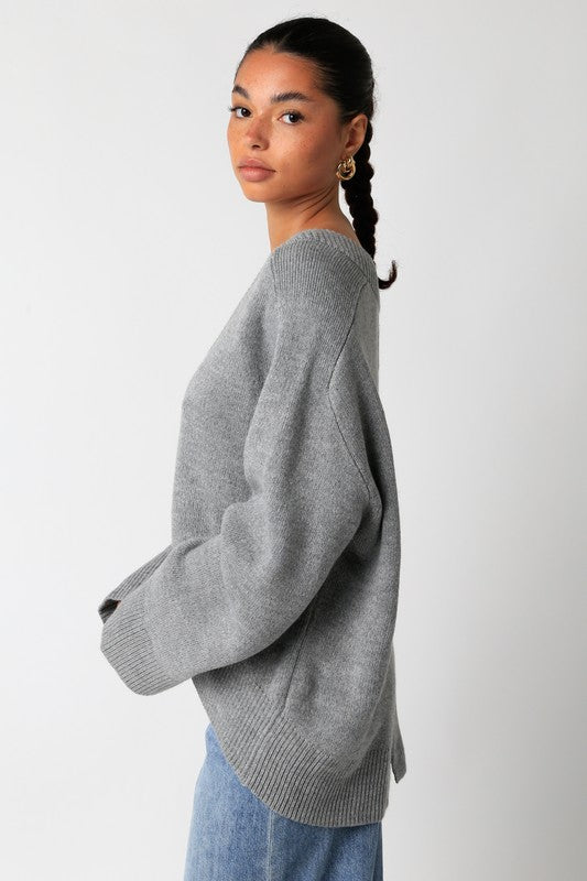 Elsie V-Neck Sweater in Heather Grey by Olivaceous