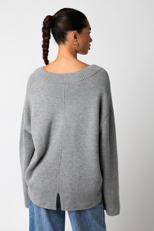 Elsie V-Neck Sweater in Heather Grey by Olivaceous