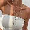 Boho Multi Stone Cross Lariat Layered Necklaces