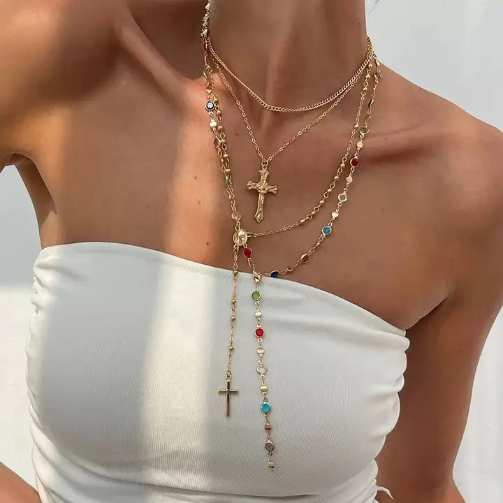 Boho Multi Stone Cross Lariat Layered Necklaces
