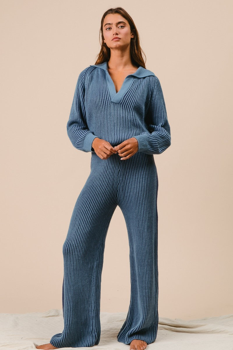 Hazel Two Tone Ribbed Collared Sweater and Pant Set in Denim/Navy