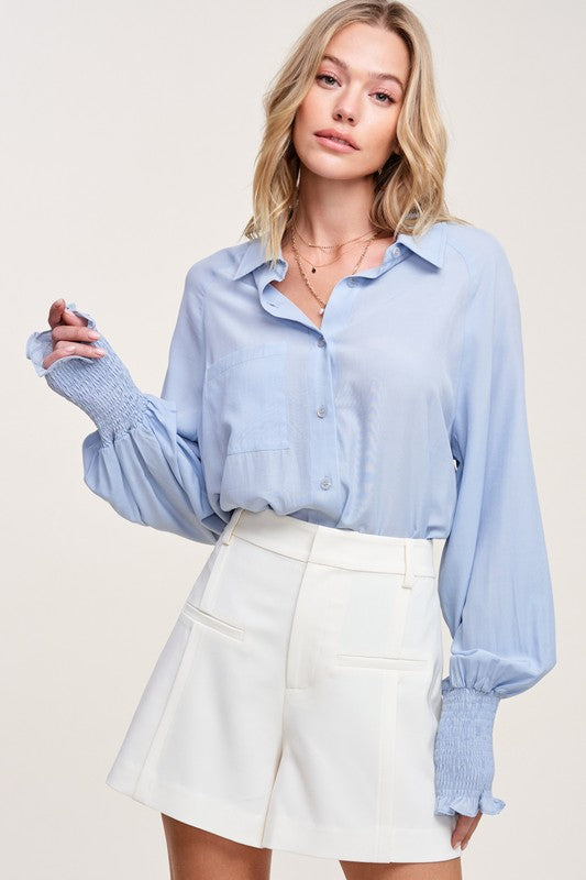 Miranda Button Down Shirts With Balloon Sleeves in Sky Blue