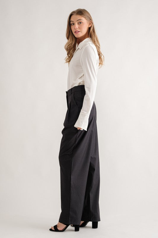 Amber Wide Leg Pleated Pant in Dark Charcoal by Aaron & Amber