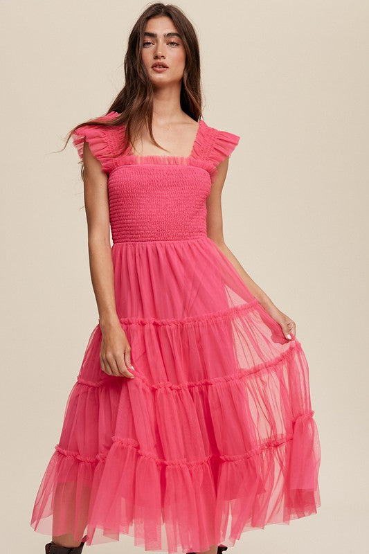 Ava Smocked Ruffle Tiered Mesh Maxi Dress in Hot Pink