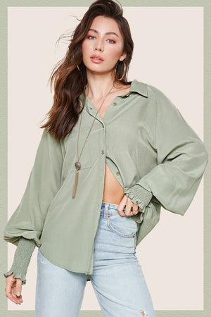 Miranda Button Down Shirts With Balloon Sleeves in Sage