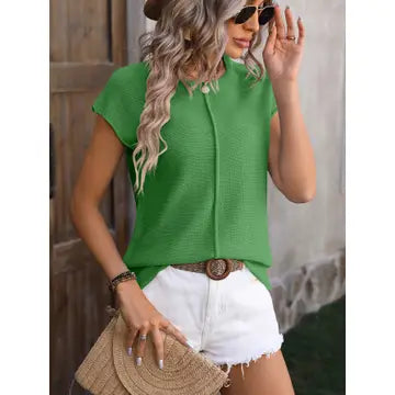 Brooklyn Knit Exposed Seam Short Sleeve Top in Green