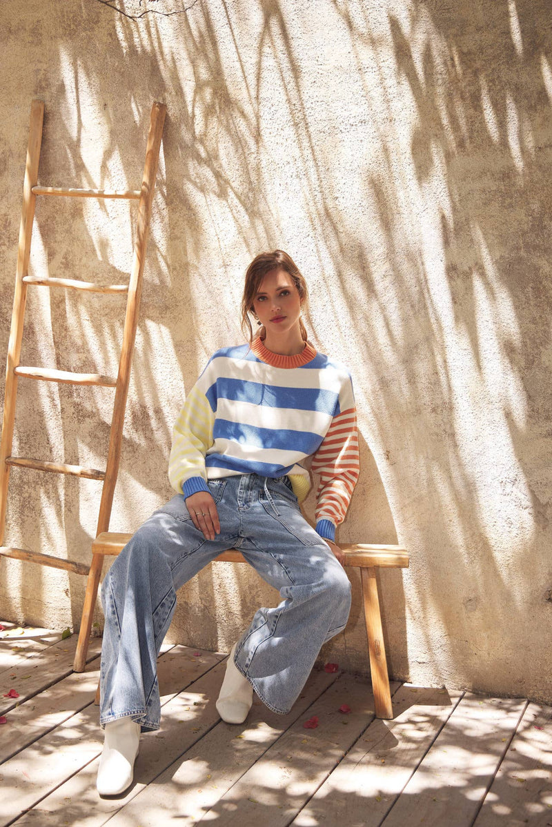 Joyful Color Blocked Striped Cotton Sweatshirt