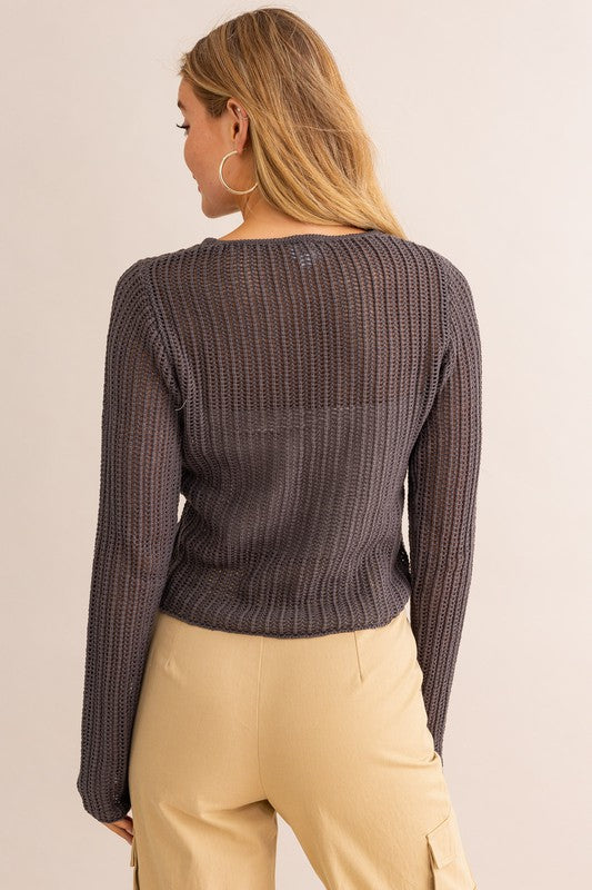 Arabella Long Sleeve Butterfly See Through Sweater in Charcoal