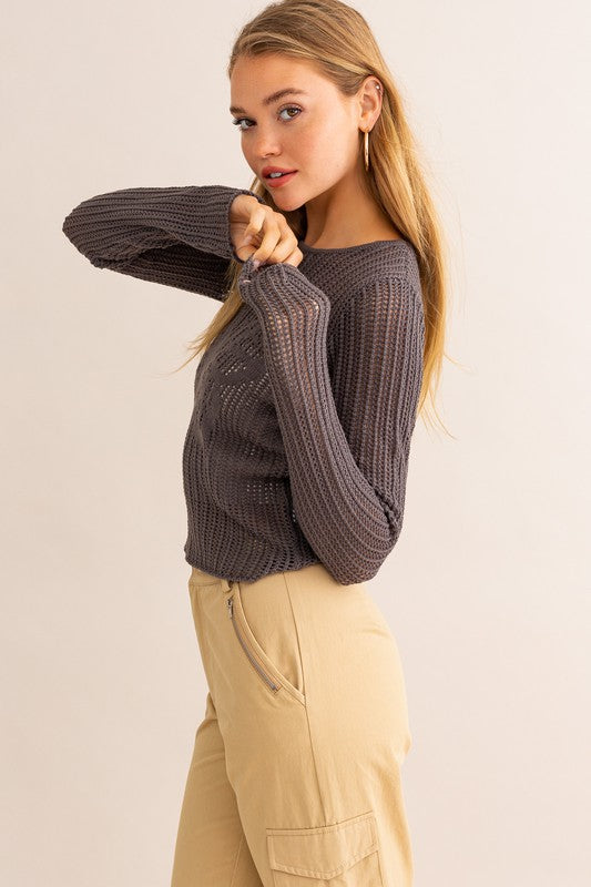 Arabella Long Sleeve Butterfly See Through Sweater in Charcoal