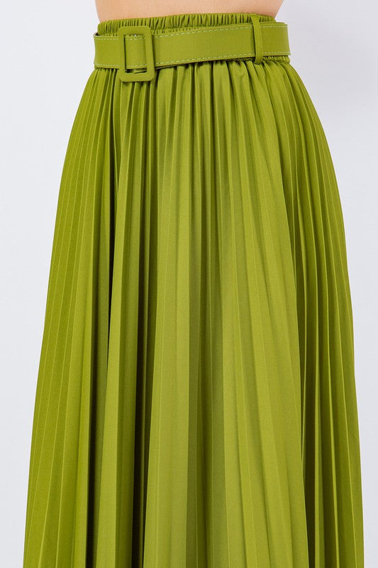 Basil Green Belted and Pleated Midi Skirt