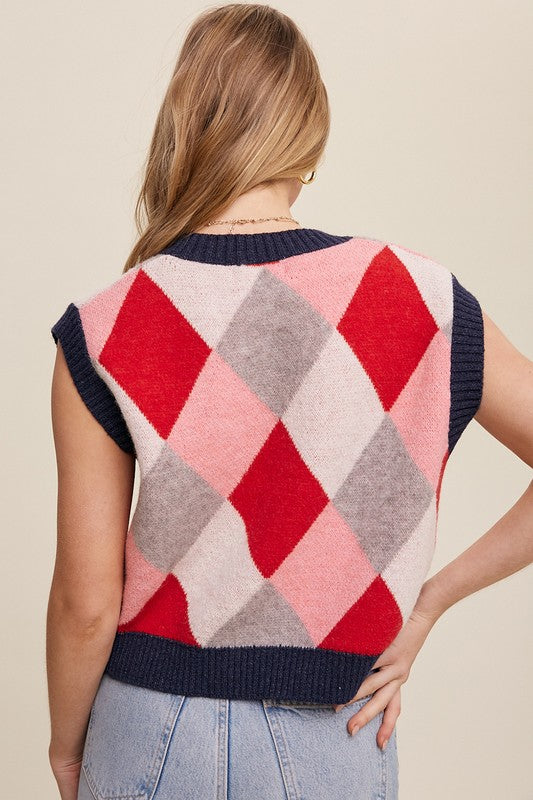 Freya Argyle Sweater Vest in Pink Multi – Polka Dots Boutique