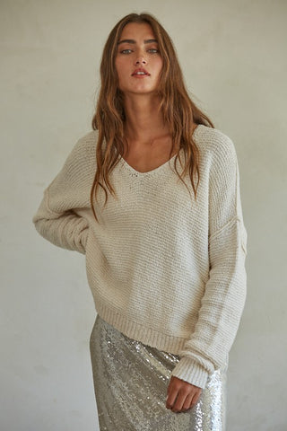 Heidi Denim Sleeve Drop Shoulder Two Tone Sweater in Ivory