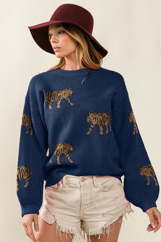 Lucky Tiger Knit Sweater in Navy