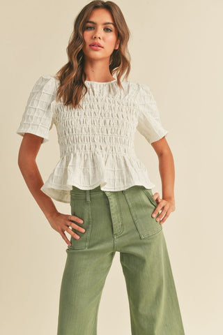 Rebecca Solid V Neck Ruffle Puff Sleeve Top in Forest Green