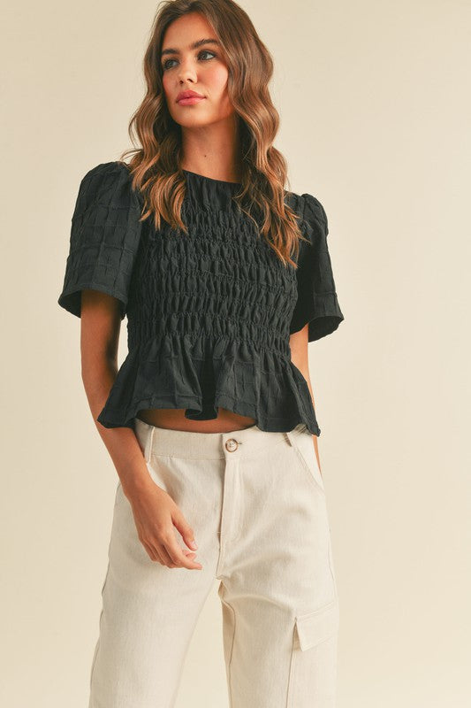 Bethany Textured Fabric Top in Black by Miou Muse