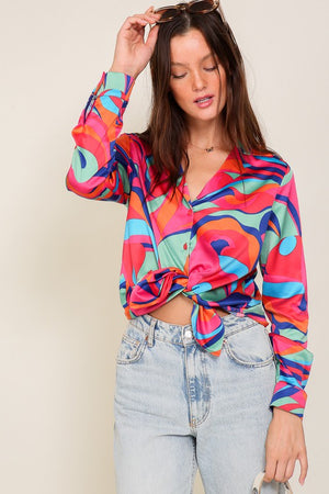 Sally RetroSatin Button Up Blouse in Pink Multi