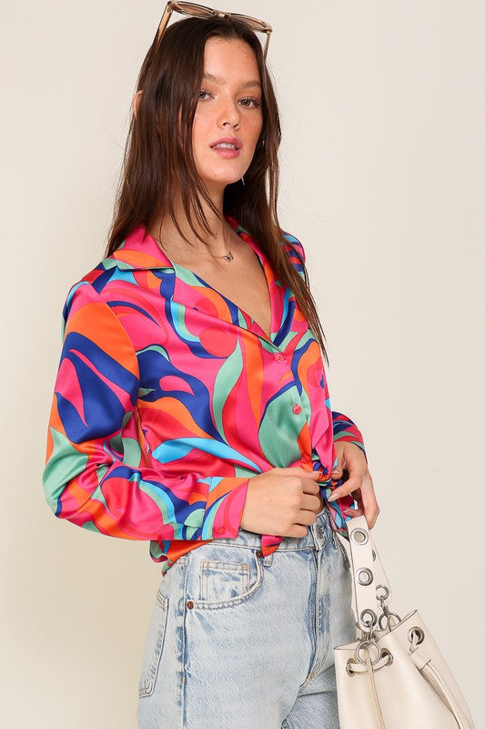 Sally RetroSatin Button Up Blouse in Pink Multi