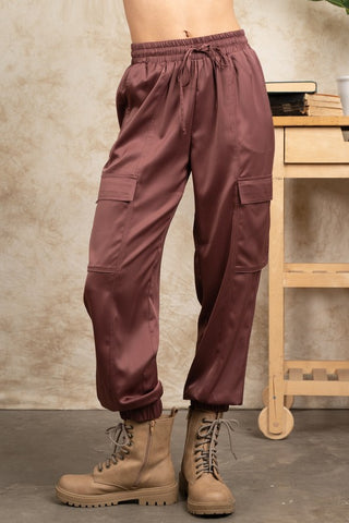 Emma Satin Cargo Joggers in Olive